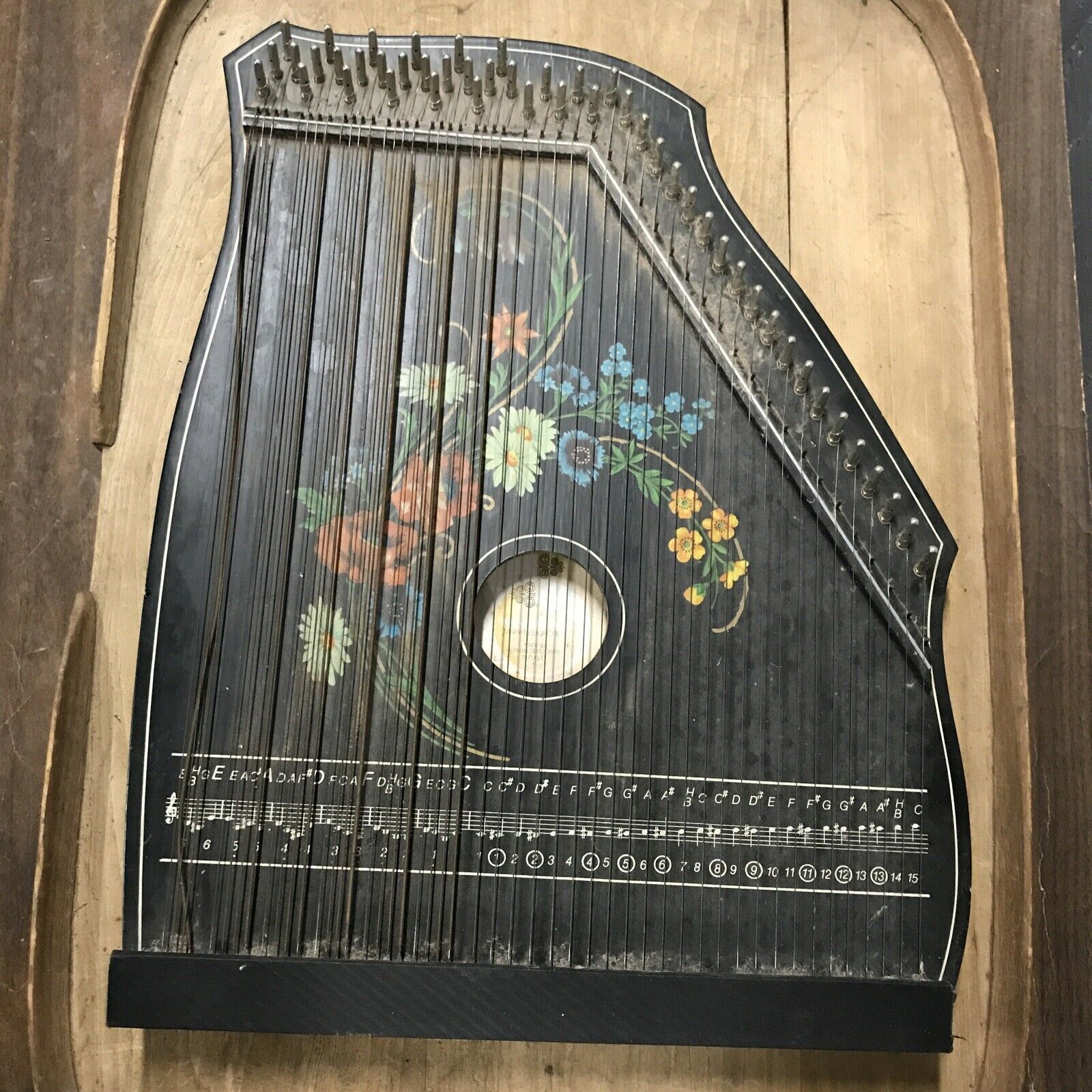 Vintage Auto Harp Markneukirchen German Republic Black Floral Decor