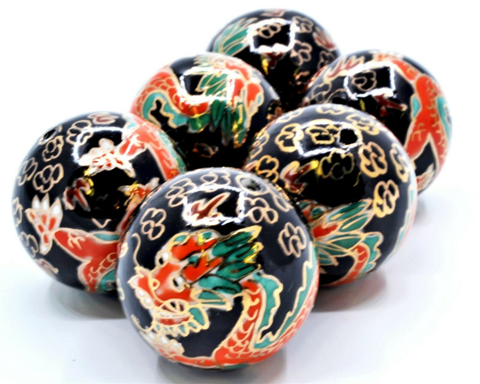 4pc 30 Mm Cloisonne Enamel Beads. Hand Painted Black Enamel & Orange Dragon